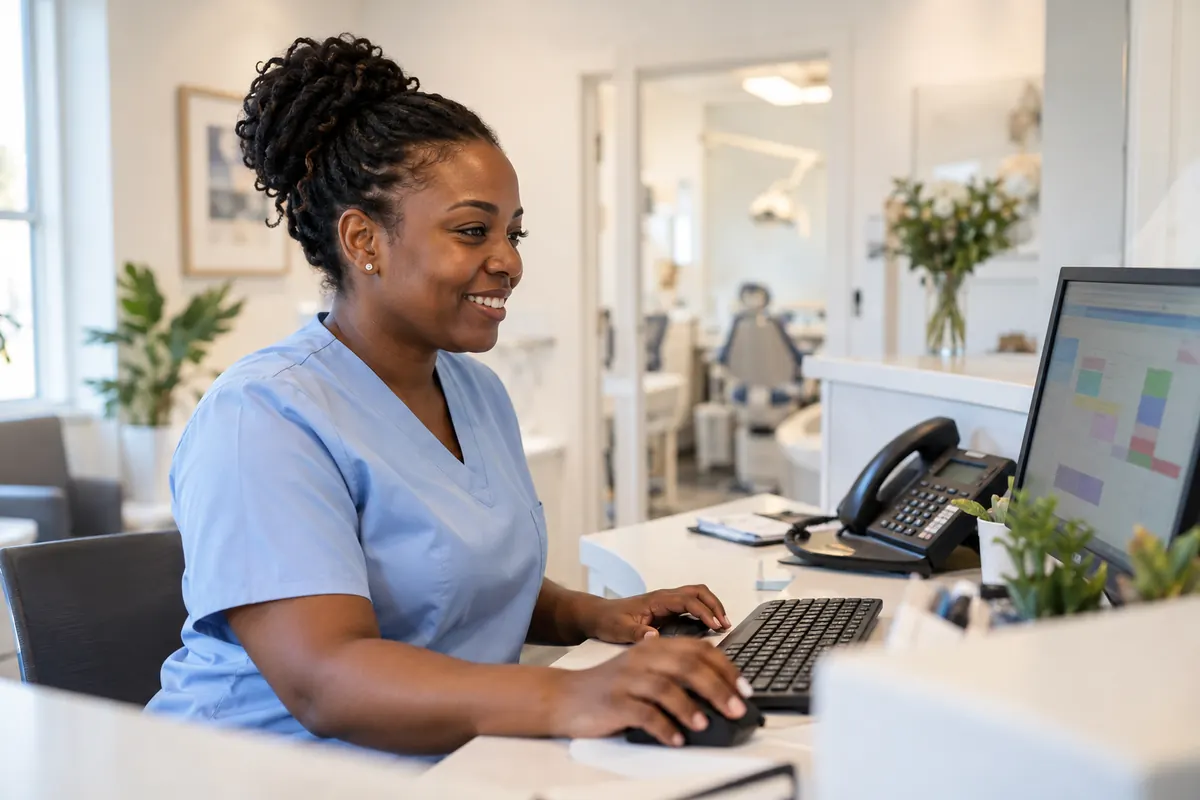 A smiling dental receptionist in a pale-blue tunic working at a computer at a bright reception desk