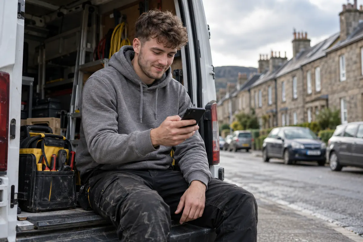 A young electrician sitting on the back step of his van checking his phone on a Scottish terraced street