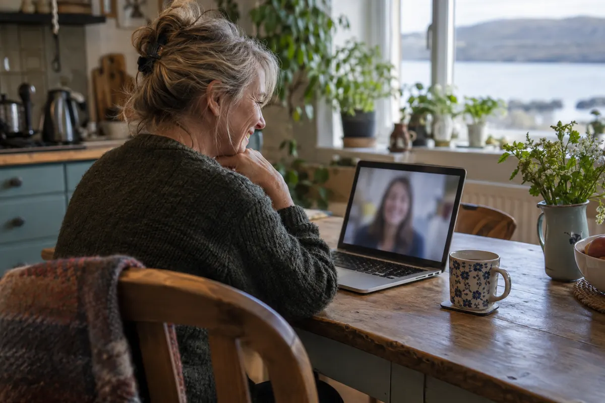 A guesthouse owner smiling at a friendly video call on her laptop at a kitchen table